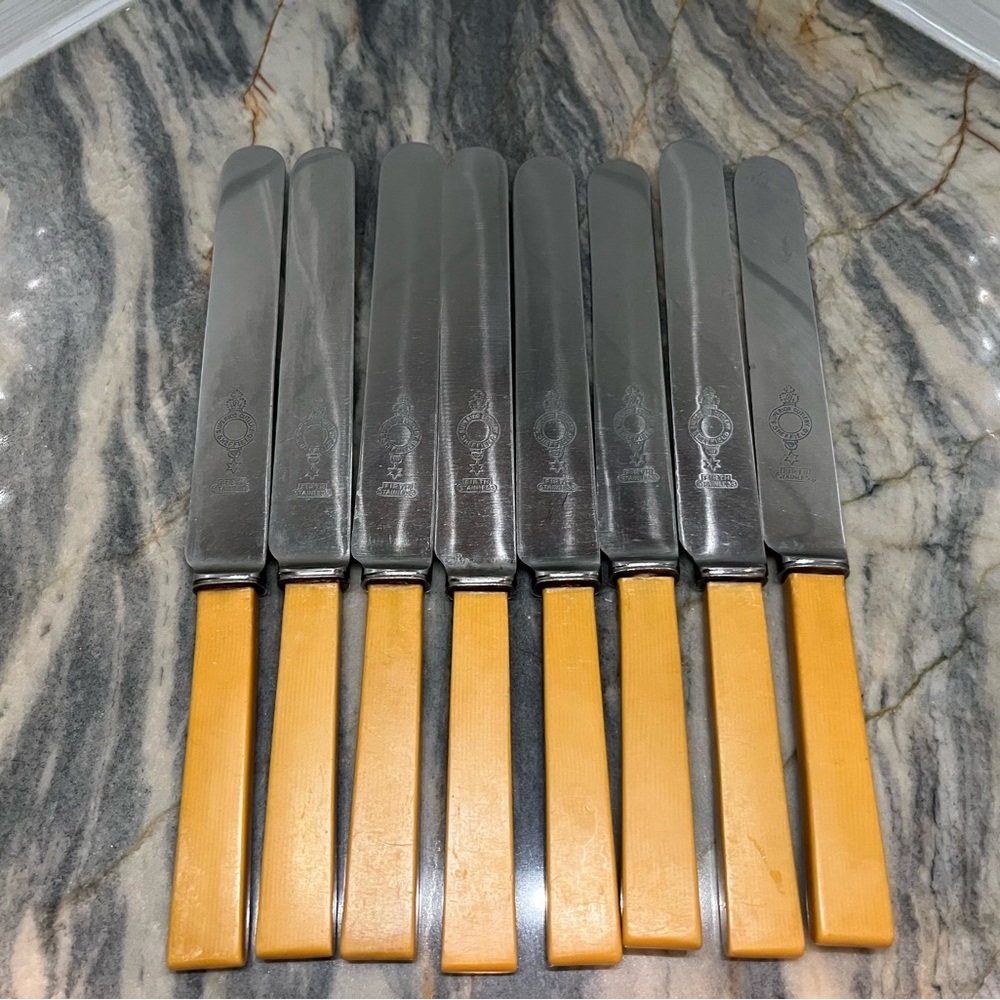 Vintage superior cutlery sheffield firth stainless 8 knives
Square edge handle